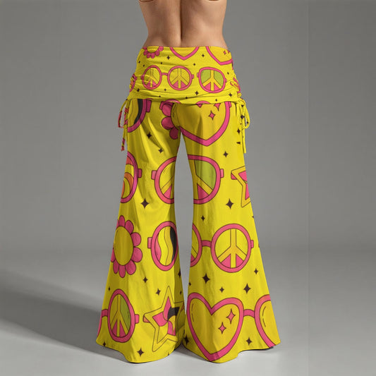 Groovy 70s Psychedelic Peace & Love Wide Leg Pants All-Over Print Women's High Waist Wide Leg Pants