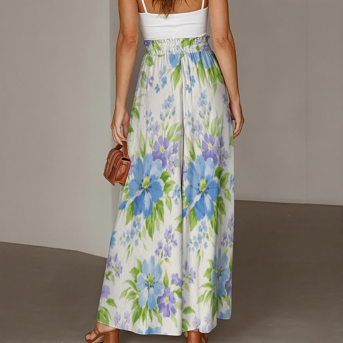 60s Vintage Blue Floral Wide-Leg Pants All-Over Print Women's Ruffled Wide-Leg Pants