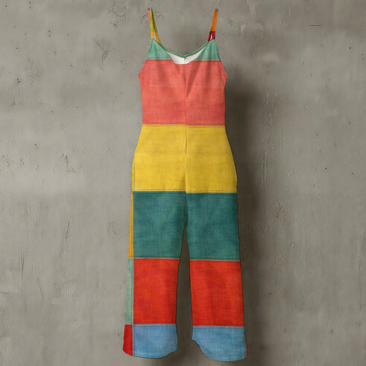 60s Psychedelic Swirl Wide-Leg Jumpsuit — Retro Spaghetti Strap All-Over Print