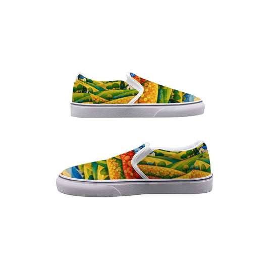 Folk Art Sunny Landscape Men's Slip On Sneakers — All-Over Print