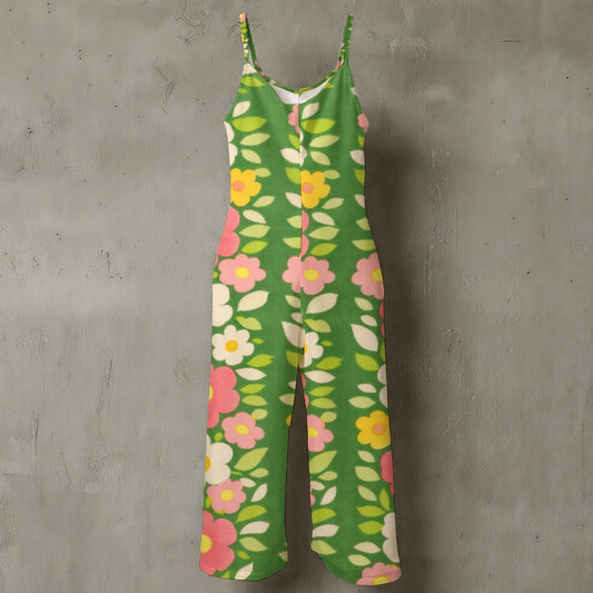 60s Flower Power Striped Wide-Leg Jumpsuit — Retro Spaghetti Strap All-Over Print