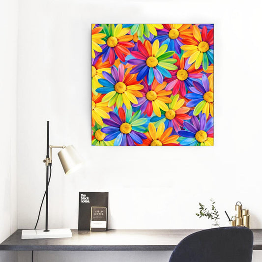 Rainbow Daisy Floral Framed Square Canvas Mural | Oversized Wall Art