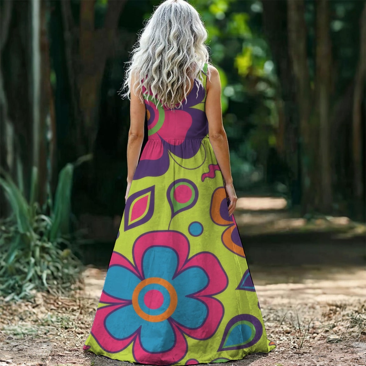 Flower Power Maxi Dress — Groovy Pop Art Blooms Lime Pink Blue