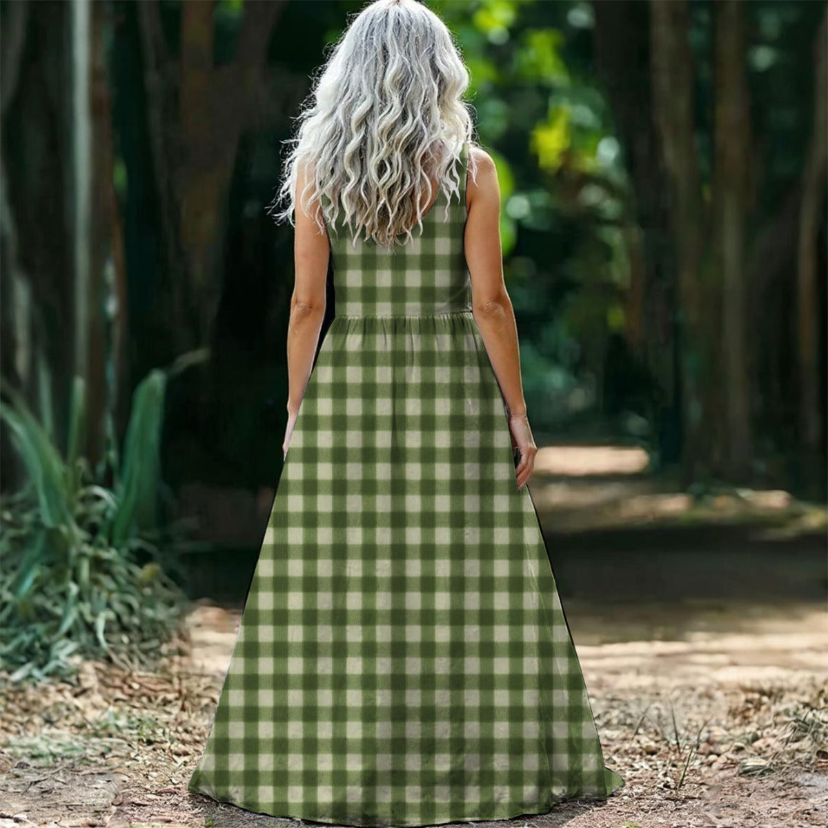 Sage Green Gingham Women's Sleeveless Maxi Dress | Retro Plaid Cottagecore Print