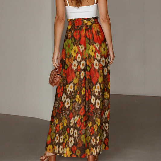 Retro 1960s Autumn Flower Print Palazzo Pants All-Over Print Women's Ruffled Wide-Leg Pants