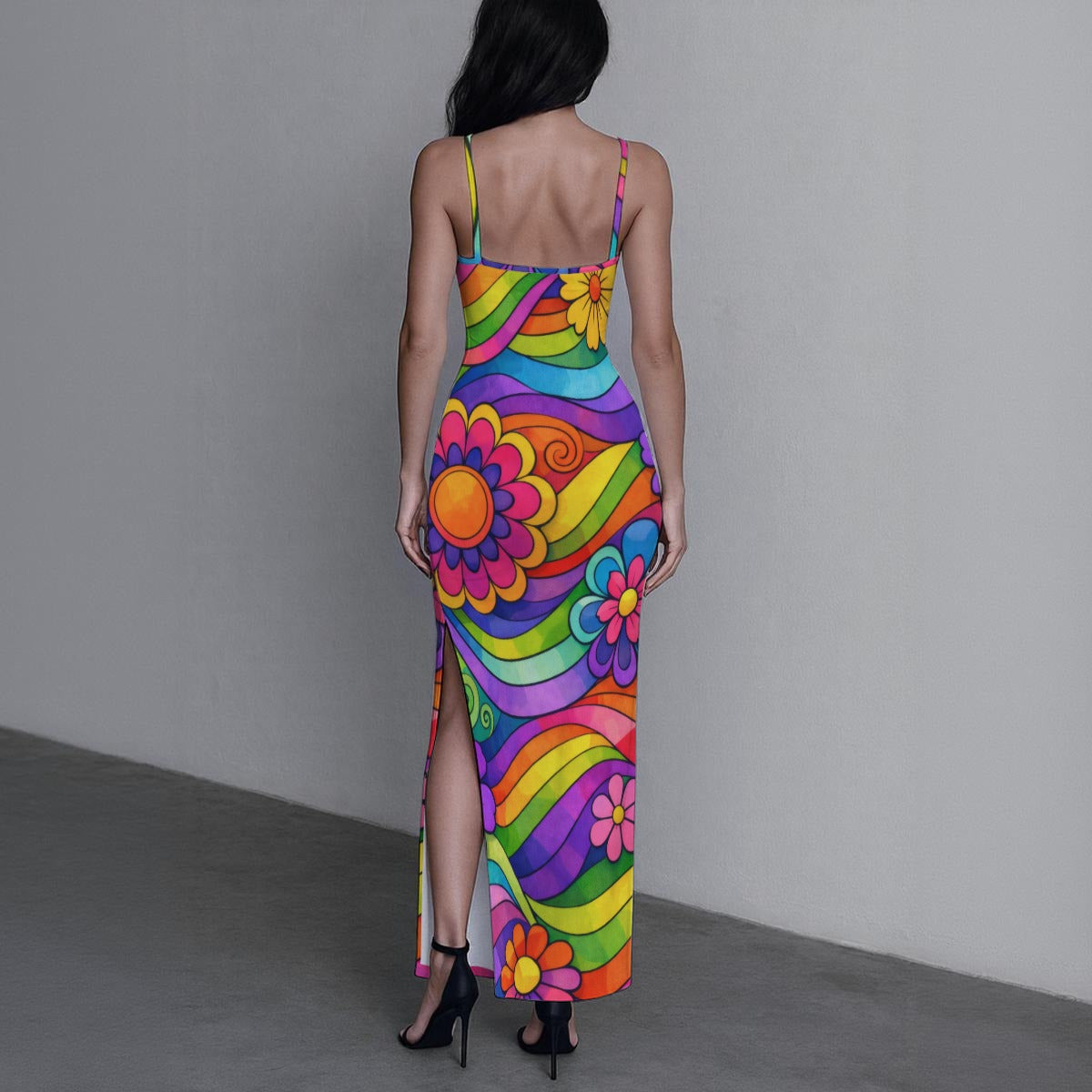 Retro Wave Swirl Women's Long Dress with Slit | 60s Mod Purple Turquoise Geometric Bodycon Maxi II