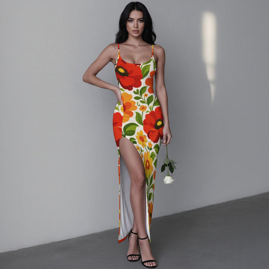 Retro Garden Floral Women's Long Dress with Slit | 60s Red Orange Poppy Bodycon Maxi