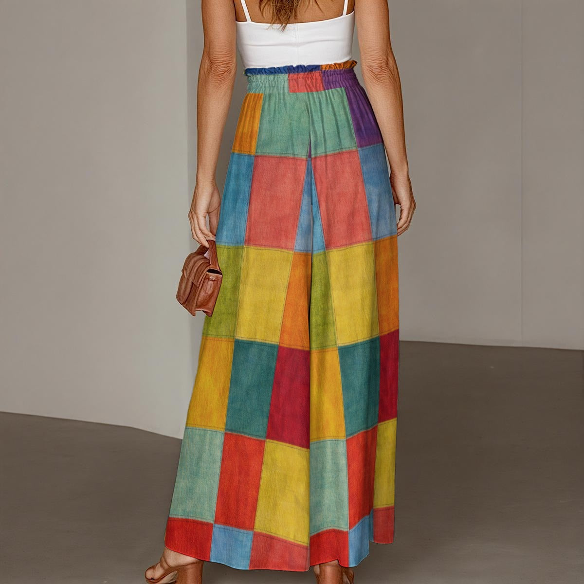 Retro 1960s Flower Power Daisy Print Palazzo Pants All-Over Print Women's Ruffled Wide-Leg Pants