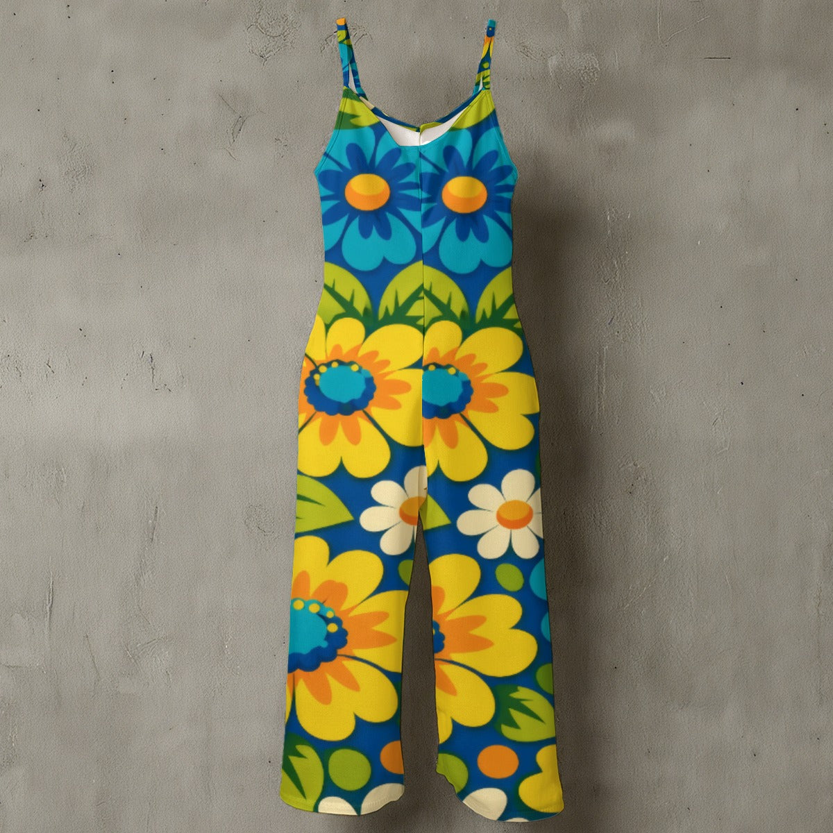 60s Flower Power Daisy Wide-Leg Jumpsuit — Bold Blue Yellow Floral Spaghetti Strap