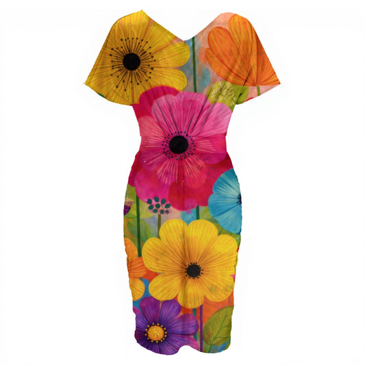 Vibrant Botanical Floral V-Neck Pleated Midi Dress | All-Over Print