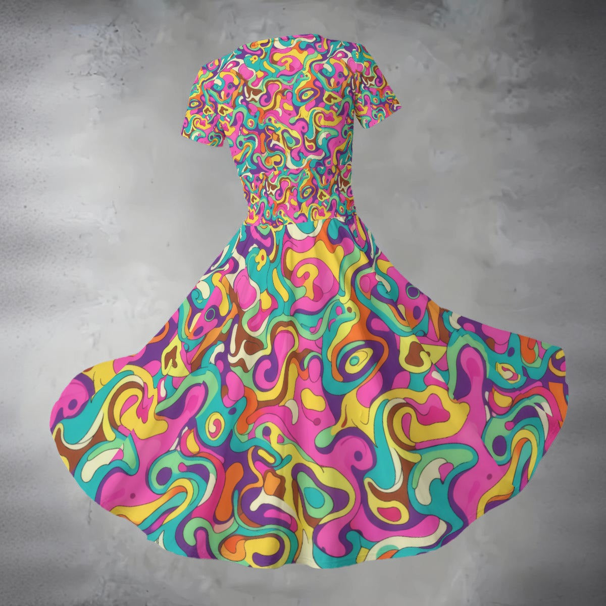 Psychedelic Swirl Midi Dress — Groovy Pink Teal Yellow 70s Print