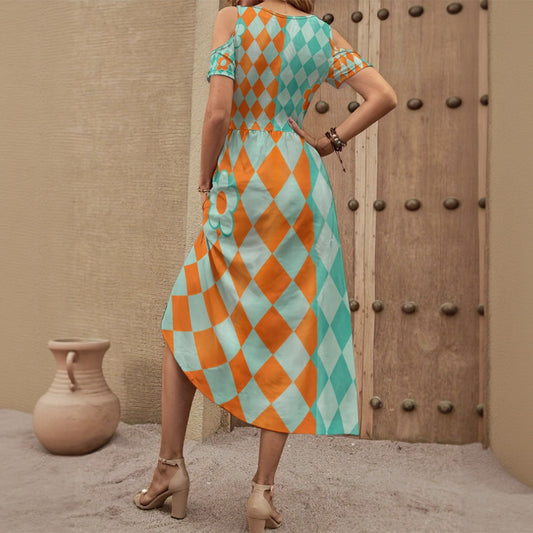 Groovy 60s Retro Harlequin Mod Print Dress All-Over Print Women's V-neck Off-shoulder Dress