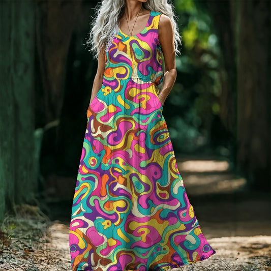 Psychedelic Abstract Swirl Maxi Dress — Pink Purple Teal 70s Print