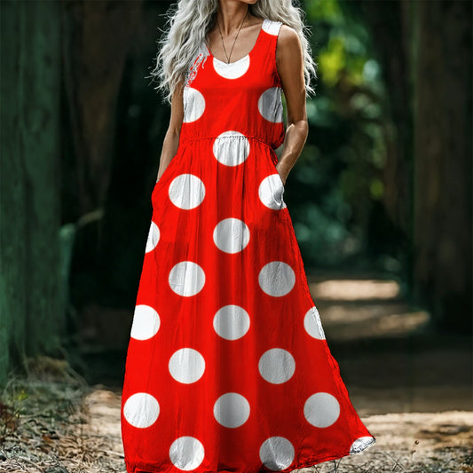 Red Polka Dot Maxi Dress — Bold White Dots Retro Sleeveless