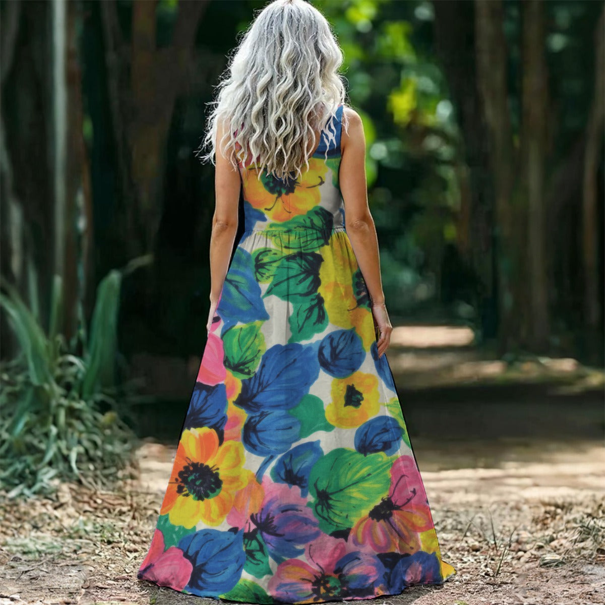 Abstract Floral Maxi Dress — Painterly Blooms in Blue Pink Yellow