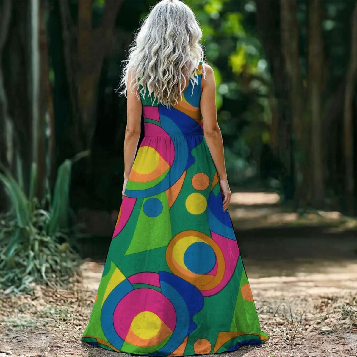 Retro Op Art Circles Maxi Dress — Green Pink Blue Yellow Print