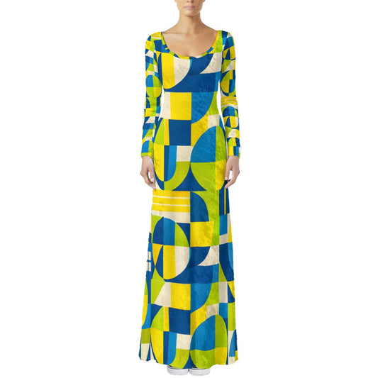 Bauhaus Geometric Maxi Dress — Bold Blue Yellow Green Print