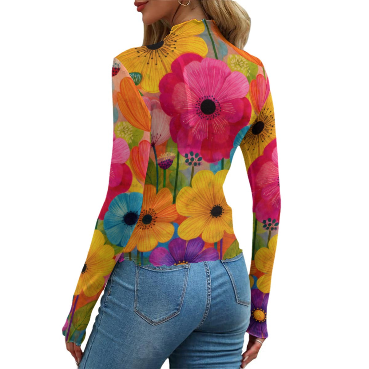 Bold Garden Flowers Women's Mesh T-shirt — Long Sleeve Colorful Floral Print