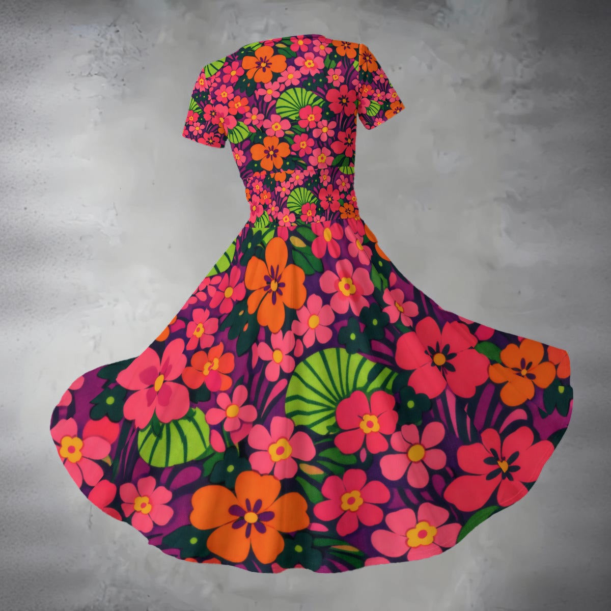 60s Psychedelic Neon Floral Midi Dress — Bold Short Sleeve V-Neck All-Over Print