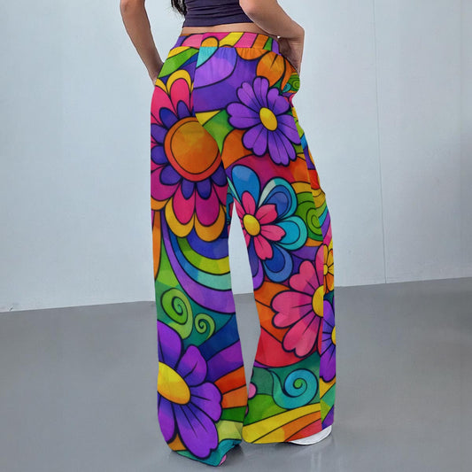 Psychedelic Cartoon Floral Women's Casual Pants | 70s Rainbow Swirl Print