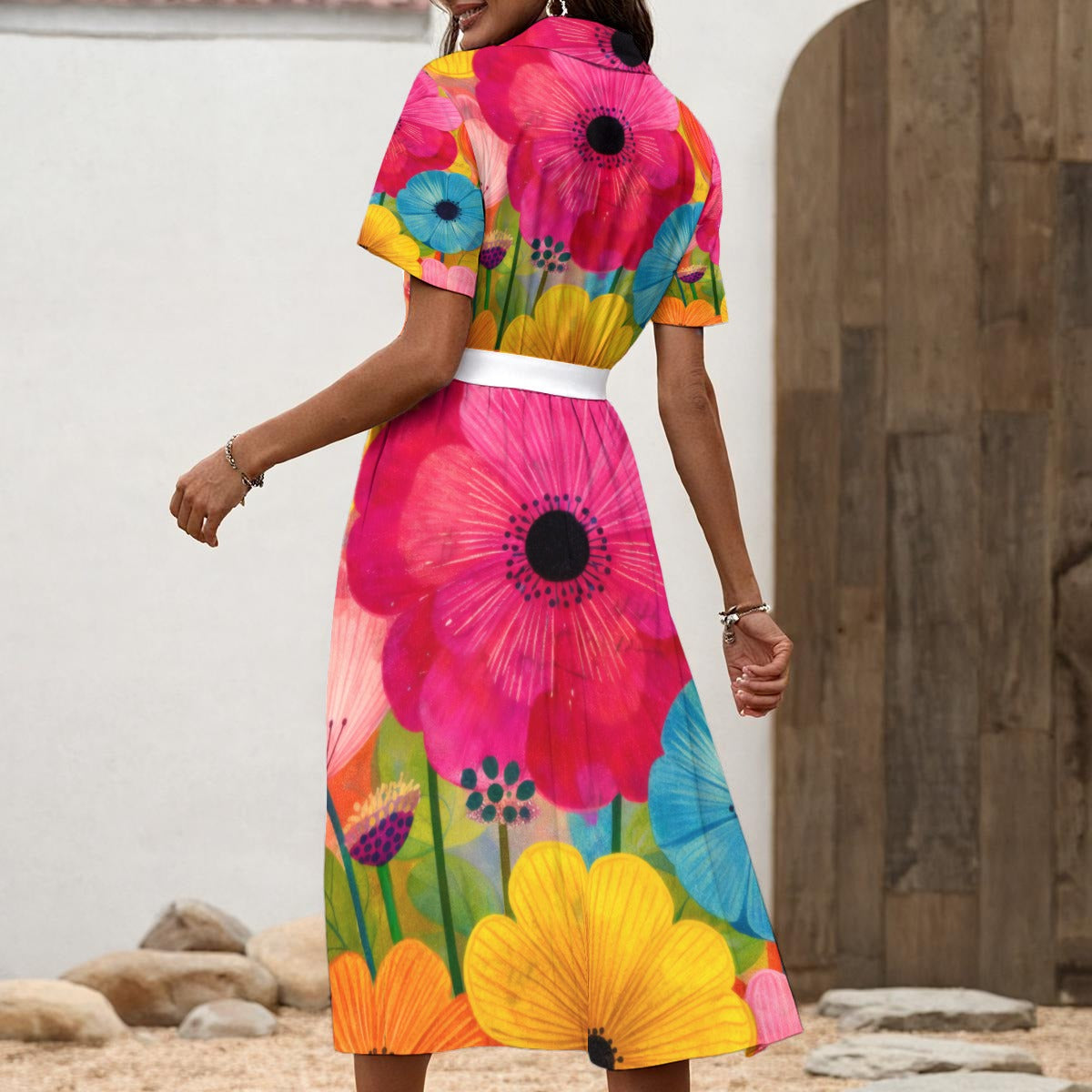 Neon Poppy Bloom Women's Shirt Dress with Waist Tie | Bold Pink Blue Yellow Floral Print