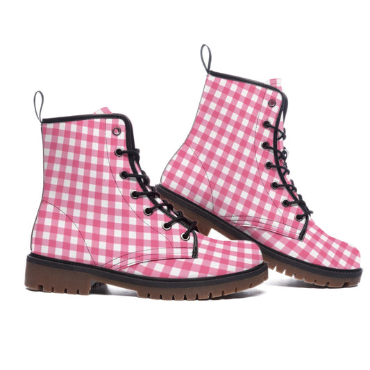 Pink Gingham Check Men's Martin Short Boots — Retro Barbie Plaid Print