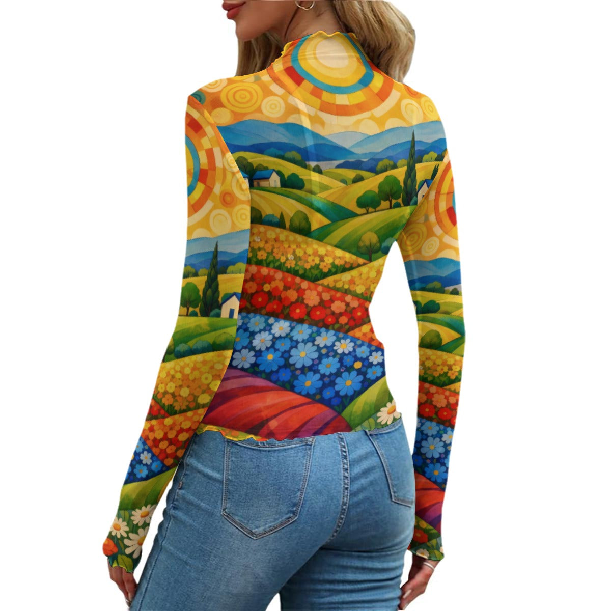 Sunny Flower Fields Women's Mesh T-shirt — Long Sleeve Colorful Landscape Print