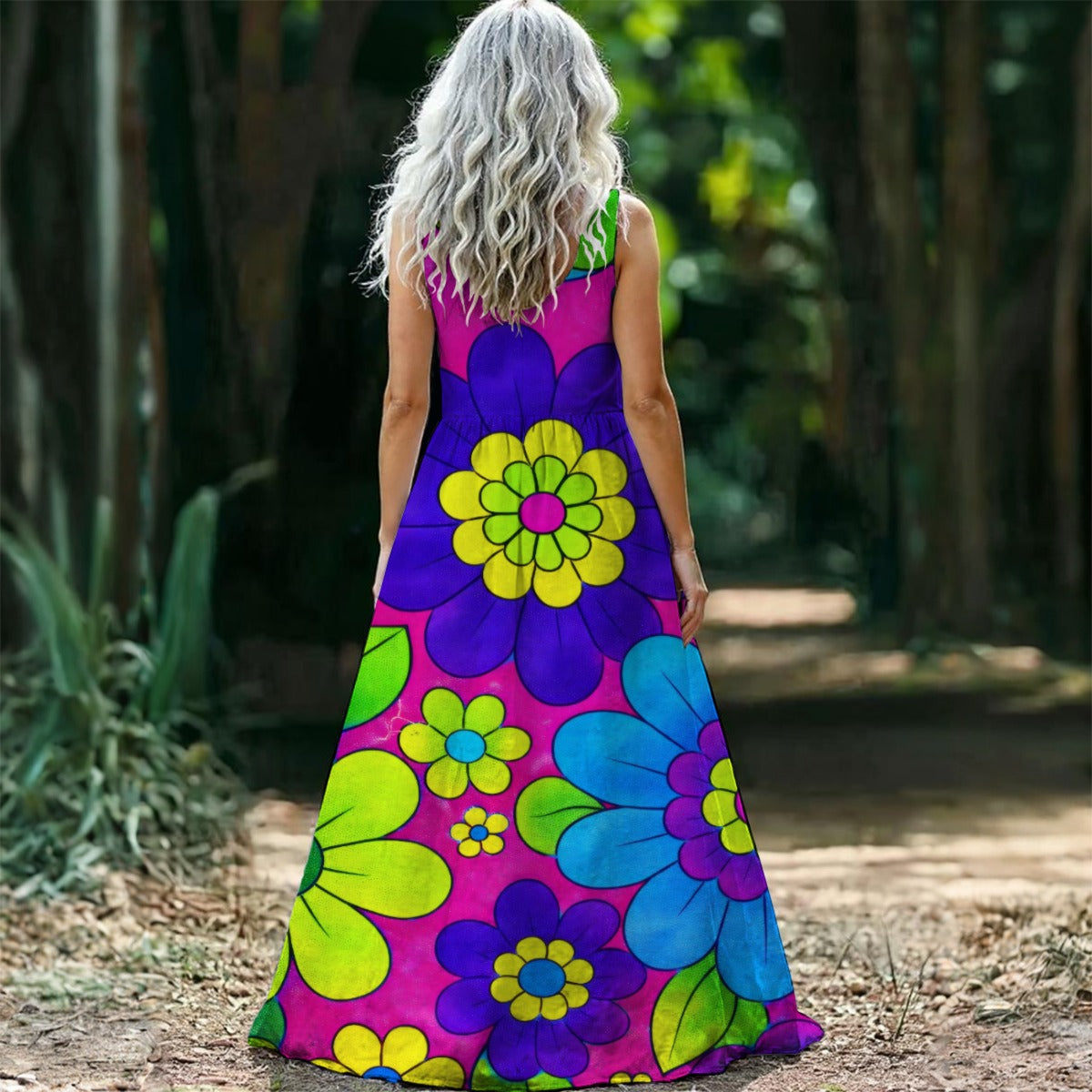 Bold Pop Art Floral Women's Sleeveless Maxi Dress | 60s Mod Pink Purple Blue Print