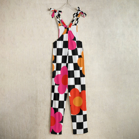 Vibrant Flower Power 60s Retro Checkered Jumpsuit All-Over Print Women's Jumpsuit