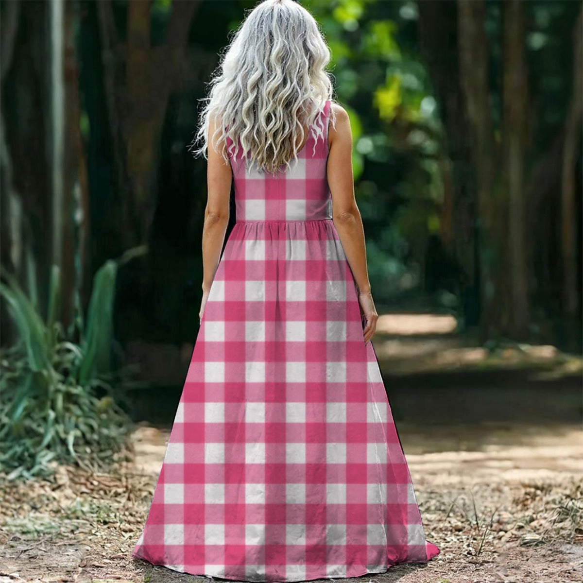 Pink Gingham Maxi Dress — Hot Pink & White Plaid Sleeveless