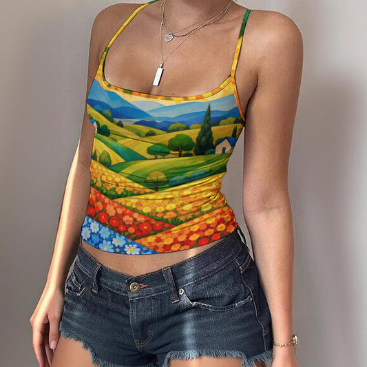 Folk Art Sunny Landscape Women's Spaghetti Strap Tank Top | All-Over Print