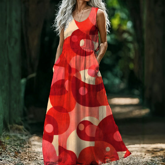 Red Geometric Circles Women's Sleeveless Maxi Dress | Bold Retro Dot Art Print
