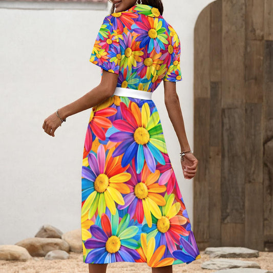 Rainbow Gerbera Burst Women's Shirt Dress with Waist Tie | Colorful Daisy Floral Print