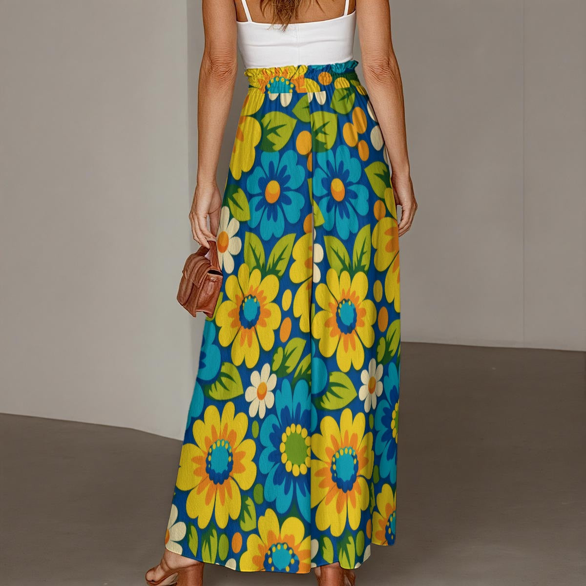 60s Vintage Yellow and Blue Floral Wide-Leg Pants All-Over Print Women's Ruffled Wide-Leg Pants