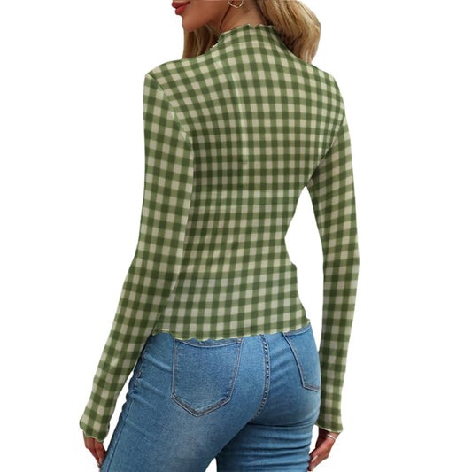Green Gingham Check Women's Mesh T-Shirt | All-Over Print Long Sleeve
