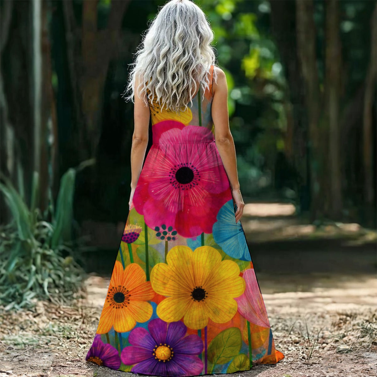 Bold Painted Gerbera Women's Sleeveless Maxi Dress | Colorful Floral Art Print