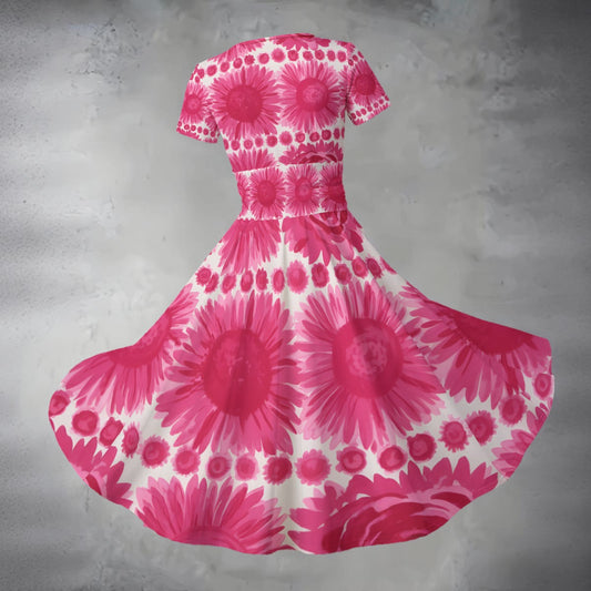 Pink Gerbera Daisy Midi Dress — Bold Hot Pink Floral Short Sleeve