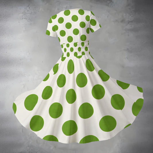 Green Polka Dot Midi Dress — Oversized Dots White Short Sleeve