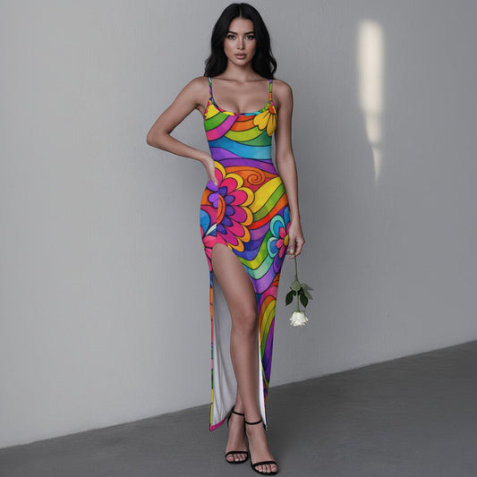 Retro Wave Swirl Women's Long Dress with Slit | 60s Mod Purple Turquoise Geometric Bodycon Maxi II