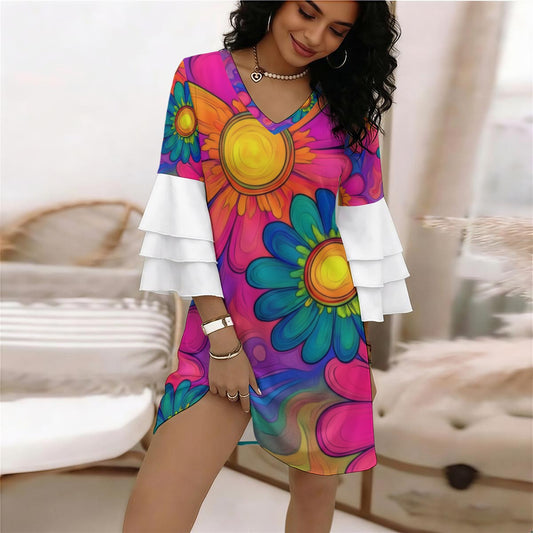Psychedelic Sunflower Ruffle Sleeve Dress — Trippy Orange Pink Blue