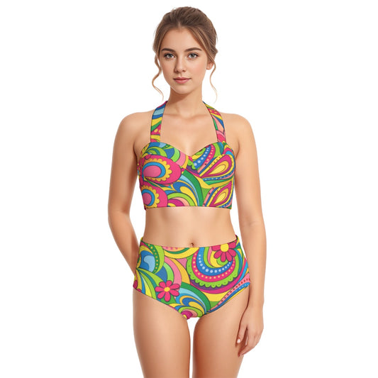 60s Groovy Rainbow Swirl High-Waist Halter Bikini Set — Psychedelic Pin-Up Swimwear