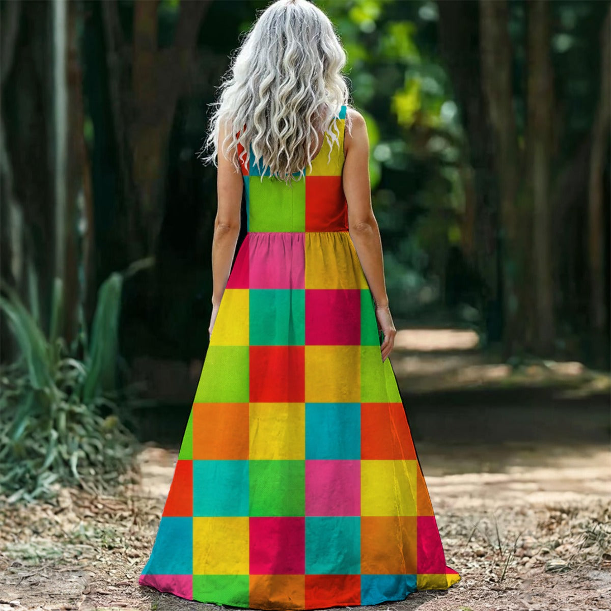 Rainbow Color Block Maxi Dress — Bold Grid Print Sleeveless