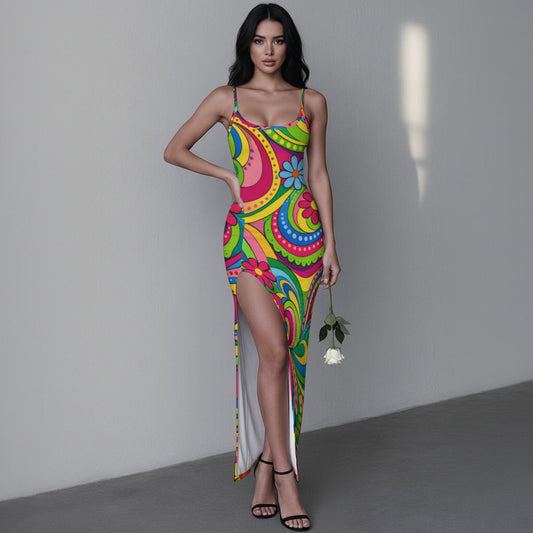 Psychedelic Neon Paisley Women's Long Dress with Slit | 70s Groovy Rainbow Bodycon Maxi