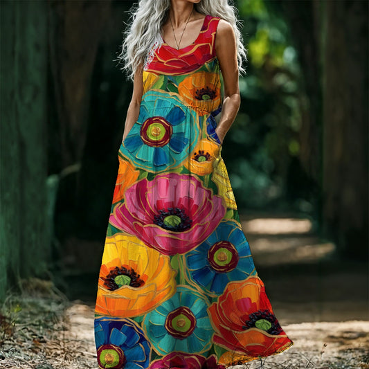 Painterly Poppy Maxi Dress — Bold Oil Art Floral Pink Blue Orange