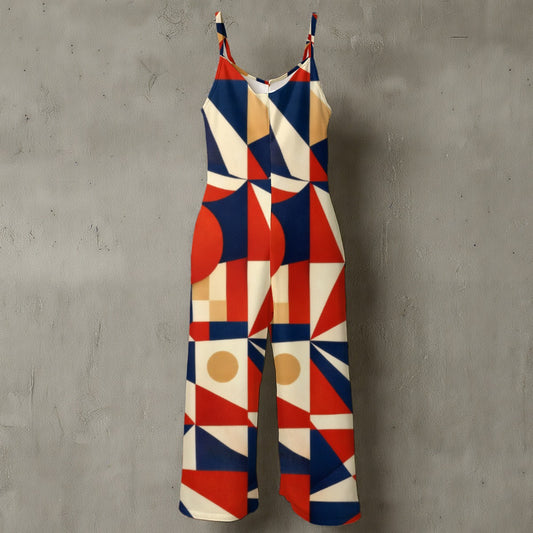 60s Geometric Avant-Garde Wide-Leg Jumpsuit — Bauhaus Red Navy Spaghetti Strap