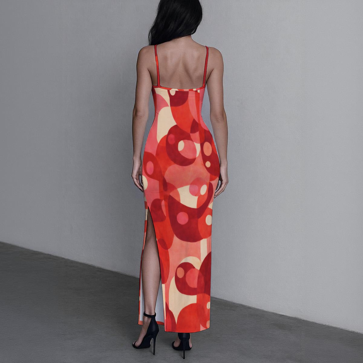 Red Geometric Circles Women's Long Dress with Slit | Bold Retro Dot Art Bodycon Maxi