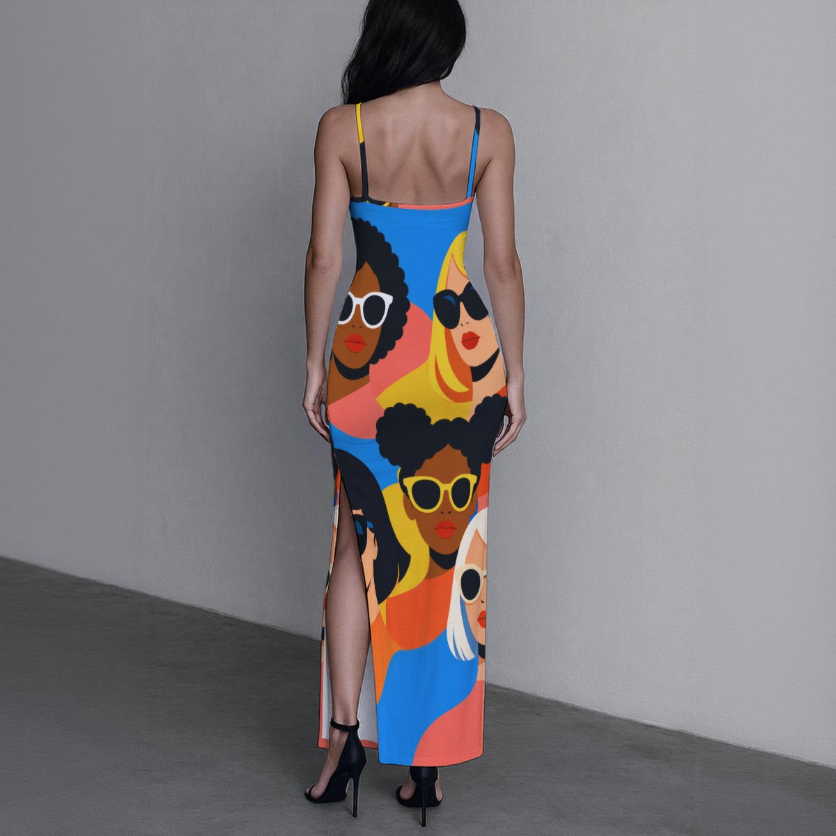 Pop Art Woman Face Women's Long Dress with Slit | Bold Blue Orange Afro Girl Power Print