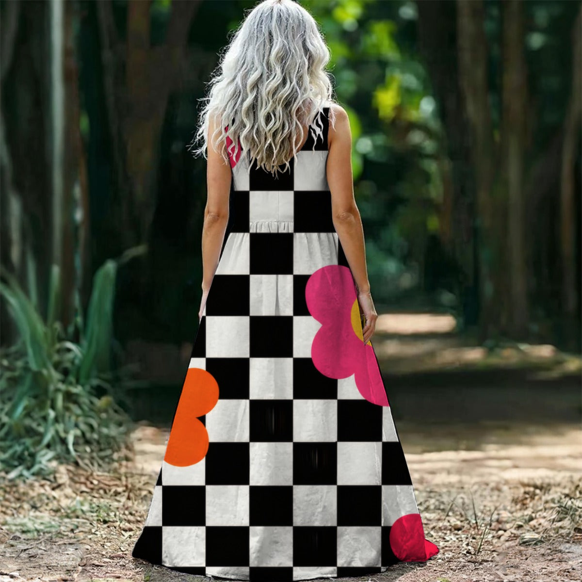 Checkerboard Hearts Maxi Dress — Black White Pop Art Floral
