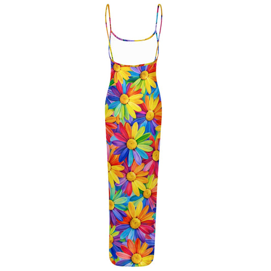 Rainbow Daisy Burst Women's Sheer Mesh Backless Maxi Dress | Colorful Floral Spaghetti Strap