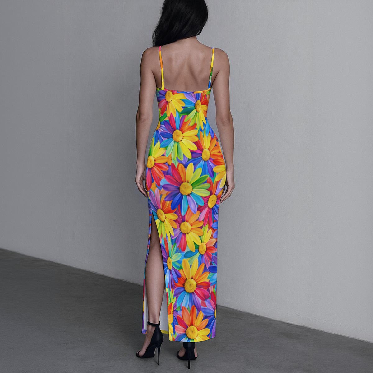 Rainbow Sunflower Burst Women's Long Dress with Slit | Colorful Daisy Bodycon Maxi